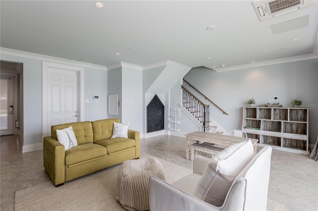 living room featuring ornamental molding