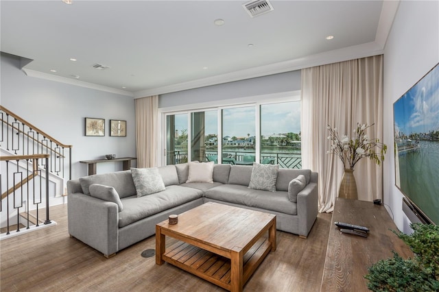 living room with wood-type flooring and crown molding