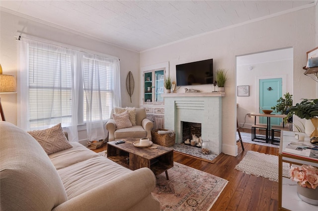 living room with ornamental molding, a fireplace, and dark wood-type flooring