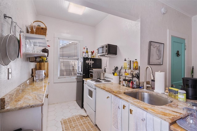 kitchen featuring light tile patterned flooring, ornamental molding, sink, white cabinetry, and white electric stove