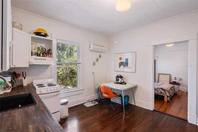 office area with crown molding, an AC wall unit, dark hardwood / wood-style floors, and sink