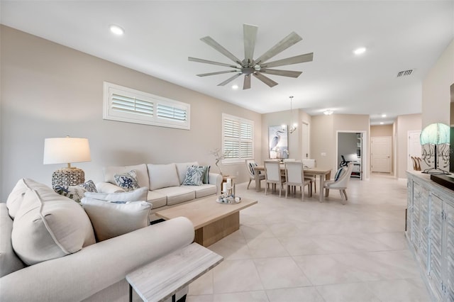 living room with ceiling fan