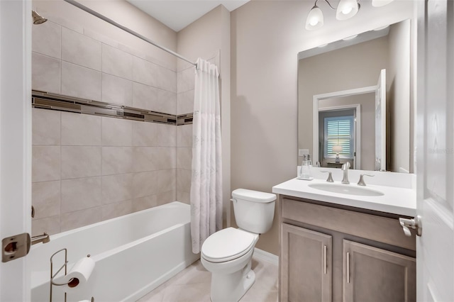 full bathroom with vanity, toilet, shower / bathtub combination with curtain, and tile patterned floors