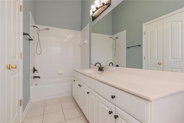 bathroom featuring tile patterned floors, vanity, and tiled shower / bath