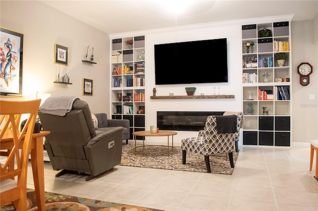 tiled living room with ornamental molding