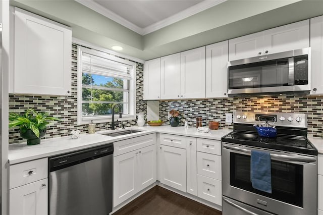 kitchen with sink, white cabinetry, ornamental molding, stainless steel appliances, and backsplash