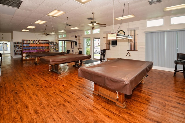 rec room featuring wood-type flooring, ceiling fan, and billiards