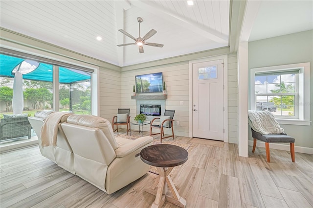 living room with light hardwood / wood-style flooring, wood walls, ceiling fan, and lofted ceiling with beams