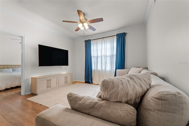 living room featuring a textured ceiling, crown molding, ceiling fan, and light hardwood / wood-style flooring