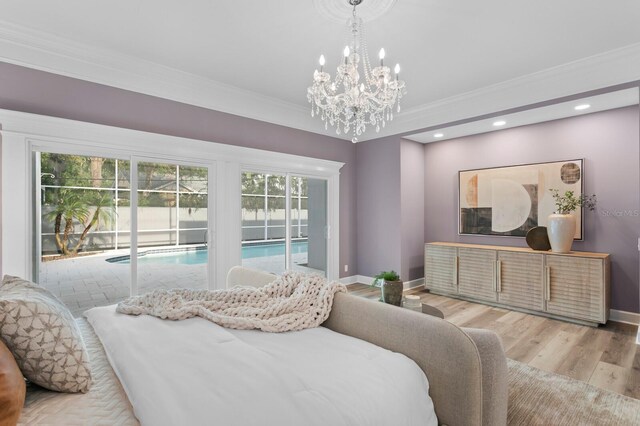 45 Adalia Ave, Tampa, FL 33606 - bedroom with access to exterior, crown molding, baseboards, a chandelier, and recessed lighting