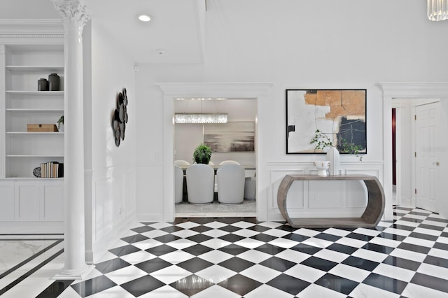 45 Adalia Ave, Tampa, FL 33606 - bathroom with built in shelves, a decorative wall, recessed lighting, wainscoting, and ornate columns
