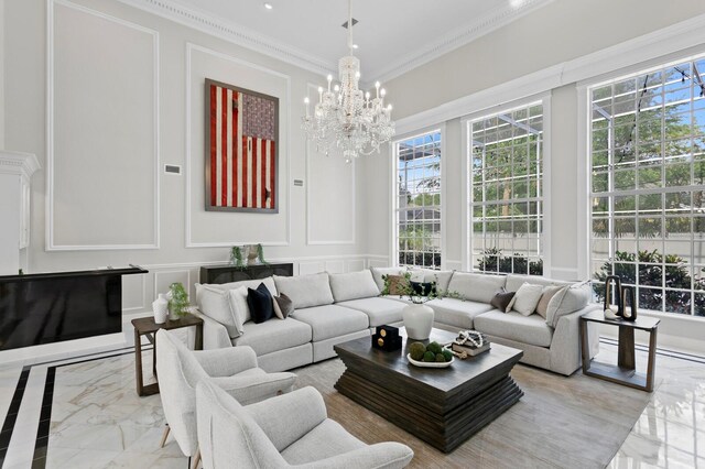 45 Adalia Ave, Tampa, FL 33606 - living room with a decorative wall, light marble finish floors, healthy amount of natural light, crown molding, and a chandelier