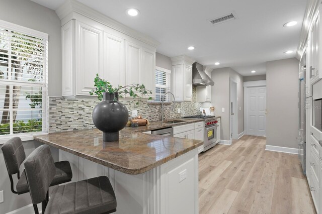 45 Adalia Ave, Tampa, FL 33606 - kitchen featuring high end stove, a sink, white cabinets, wall chimney range hood, and tasteful backsplash