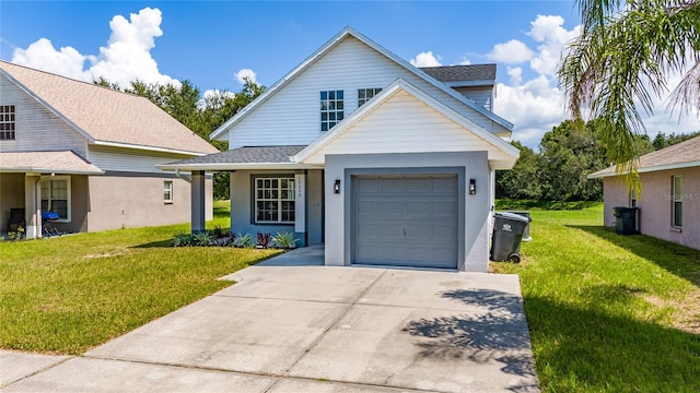 view of front facade with a garage and a front lawn