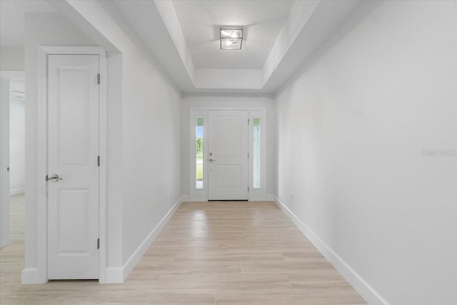 foyer entrance with a tray ceiling and light hardwood / wood-style floors