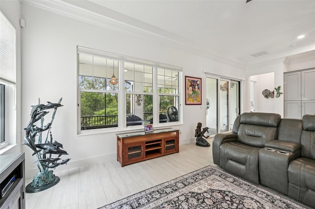 living room with ornamental molding