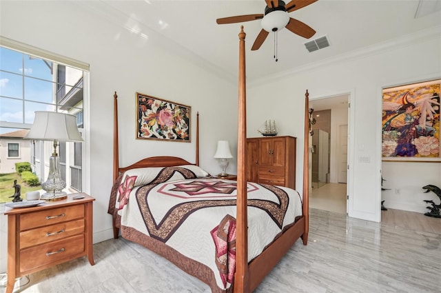 bedroom with light wood-type flooring, ceiling fan, and crown molding