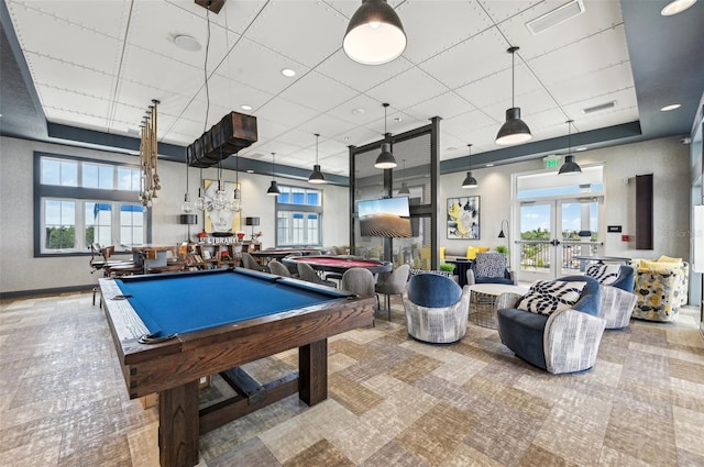 playroom with french doors, billiards, and a wealth of natural light