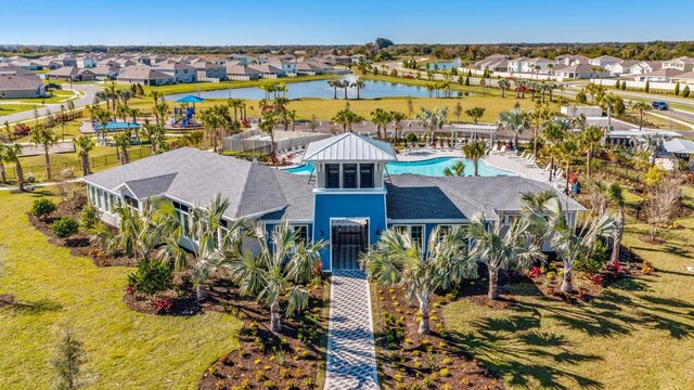 aerial view featuring a water view