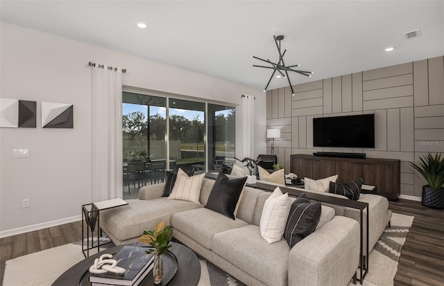 living room with dark hardwood / wood-style floors