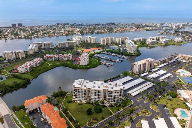 bird's eye view with a water view