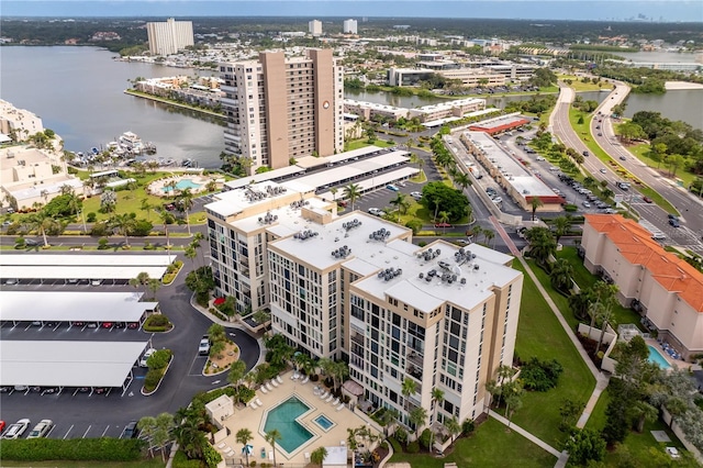 bird's eye view with a water view