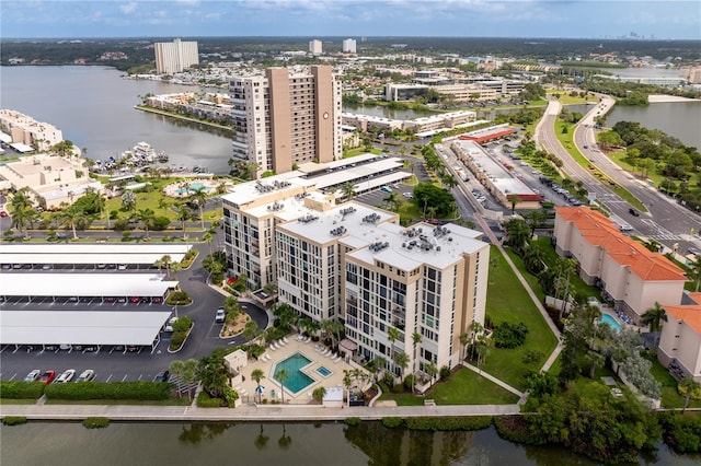 drone / aerial view with a water view