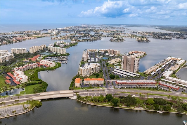 drone / aerial view featuring a water view