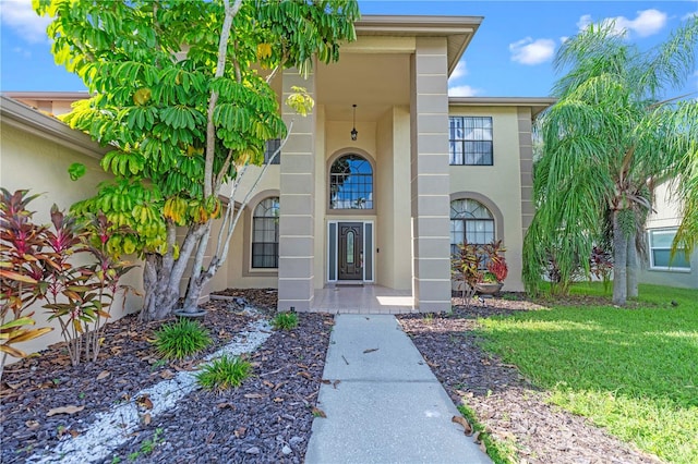 property entrance featuring a lawn