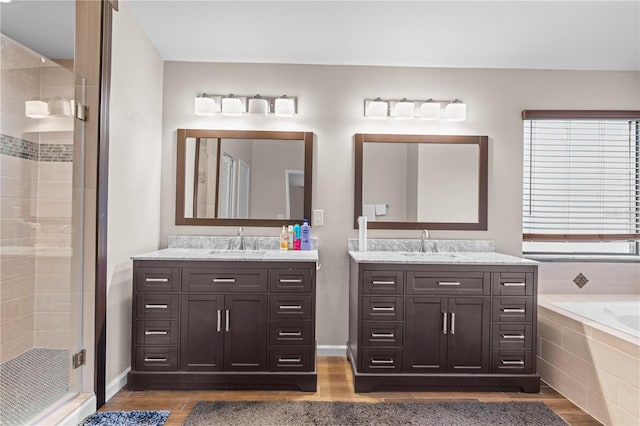 bathroom with independent shower and bath and vanity