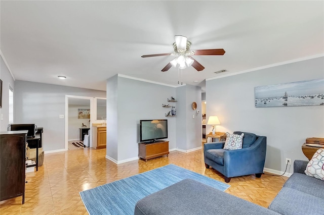 living room with crown molding, light tile patterned floors, and ceiling fan