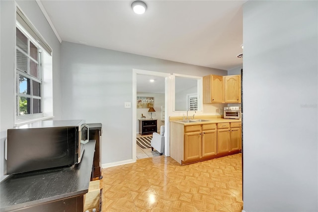 kitchen featuring light brown cabinetry, sink, and light parquet flooring