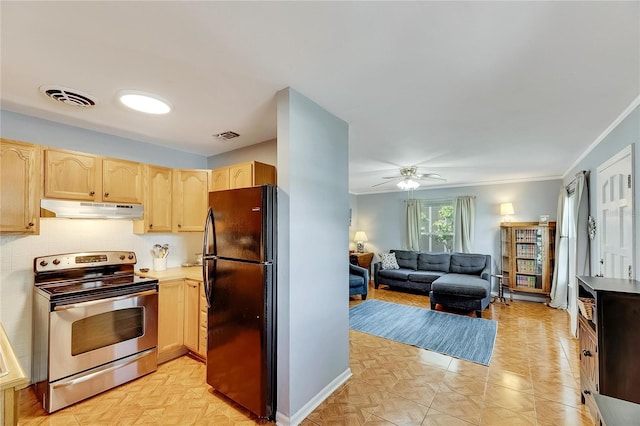 kitchen featuring light brown cabinets, black refrigerator, ceiling fan, ornamental molding, and stainless steel electric range oven