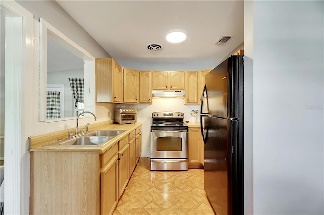 kitchen featuring sink, electric stove, light brown cabinets, black refrigerator, and light parquet floors