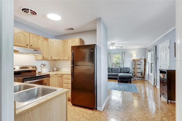 kitchen featuring black refrigerator, light brown cabinets, electric range, and ceiling fan