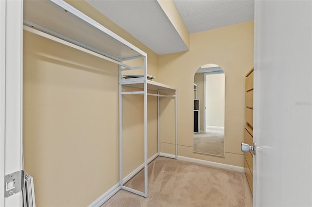 spacious closet featuring carpet floors and arched walkways