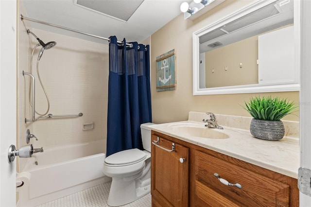 bathroom with shower / bath combination with curtain, visible vents, tile patterned floors, vanity, and toilet