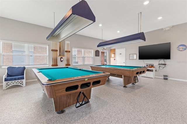 rec room with pool table, baseboards, recessed lighting, and speckled floor