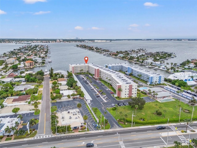 bird's eye view with a water view