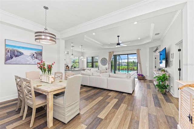 dining room with crown molding, wood-type flooring, ceiling fan with notable chandelier, and a raised ceiling