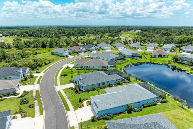 drone / aerial view featuring a water view