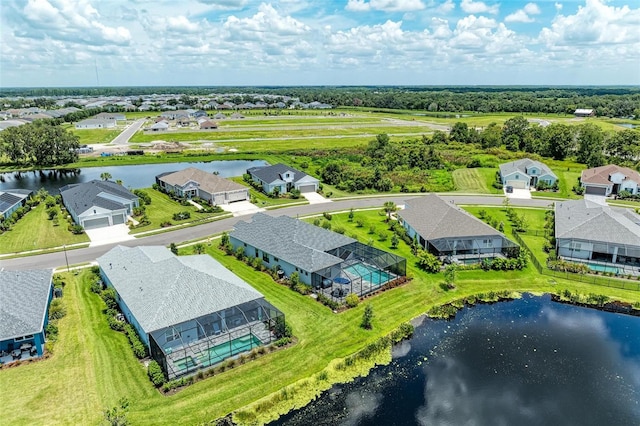 drone / aerial view featuring a water view