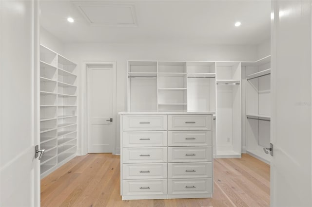 walk in closet with light wood-type flooring