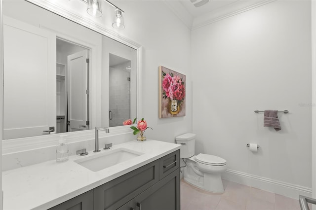 bathroom with vanity, tile patterned flooring, an enclosed shower, crown molding, and toilet