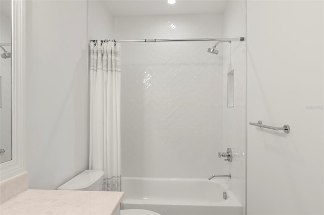 full bathroom featuring vanity, toilet, and shower / bathtub combination with curtain