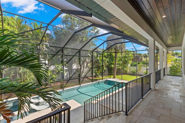 view of swimming pool with a patio and glass enclosure