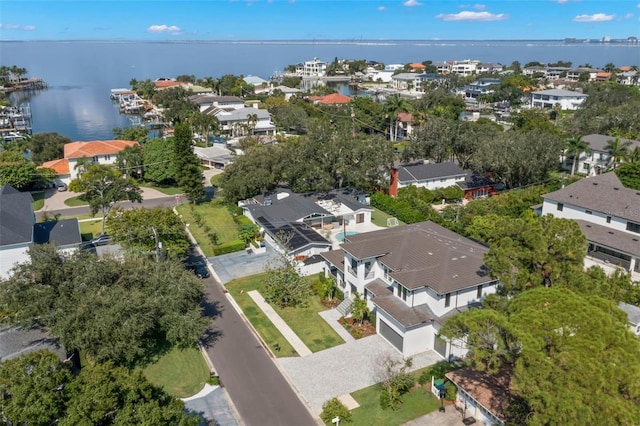 drone / aerial view featuring a water view