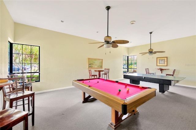 recreation room with ceiling fan, carpet floors, and billiards