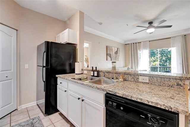 kitchen with white cabinetry, black appliances, ceiling fan, ornamental molding, and sink