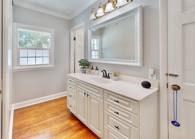 bathroom featuring wood-type flooring, vanity, and ornamental molding